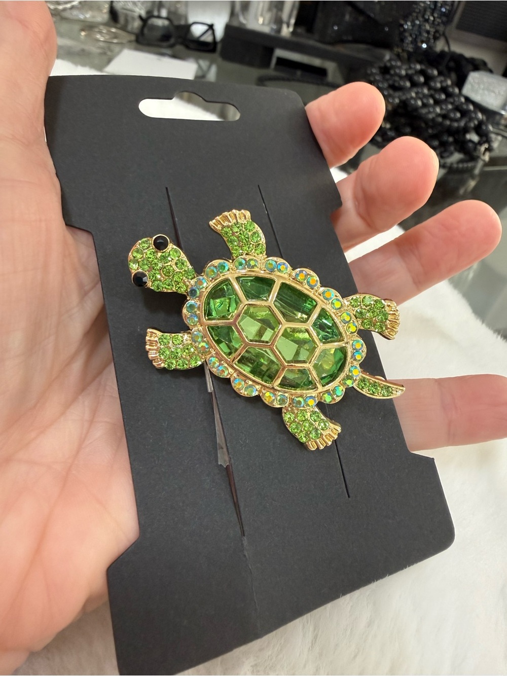 Gold-Tone Green Turtle Brooch with Green Crystals